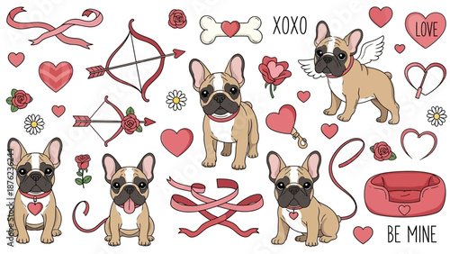 Cute French bulldog puppies with Valentine's Day themed elements and romantic decorations on a white background.