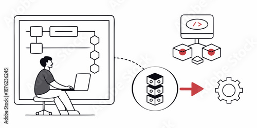 A man works on a laptop in front of a large computer screen with a flowchart, symbolizing data processing and software development.