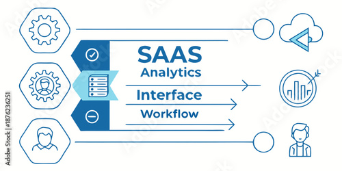 A vector graphic illustrating a SaaS analytics interface and workflow with various icons and symbols