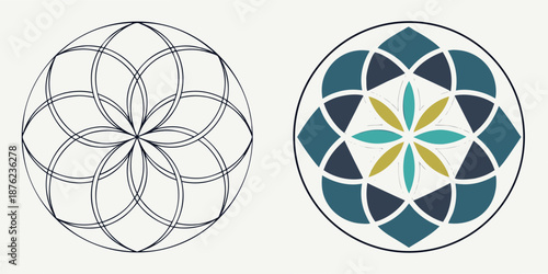 A vector graphic illustration of two flower of life designs in a circular pattern with geometric shapes and lines