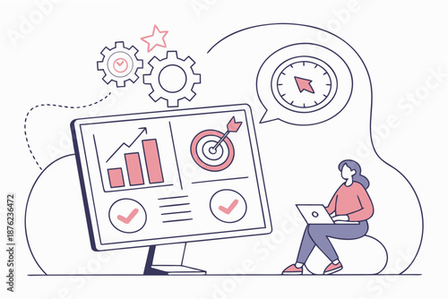 A woman sitting with a laptop and thinking about business strategy and goals on a computer screen