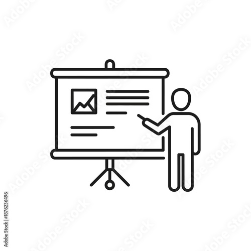 Business Presentation Icon: Person Pointing at Flip Chart with Graph and Text