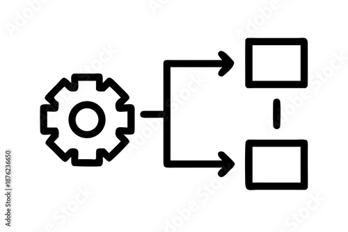 A simple black and white vector graphic illustrating a gear connected to a flowchart with two boxes