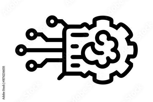 A black and white vector graphic of a gear with a circuit board and brain symbolizing technology and innovation