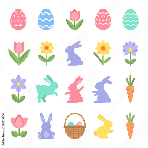 Colorful Easter-themed illustrations featuring eggs, flowers, and bunnies in various pastel hues on a white background.