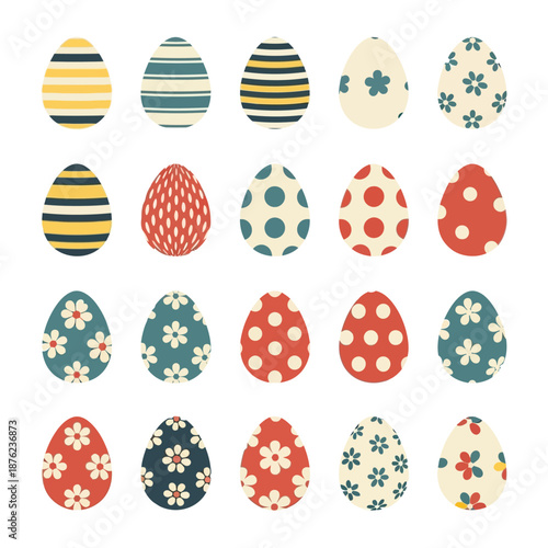 A collection of decorated eggs with various patterns and colors displayed on a plain background