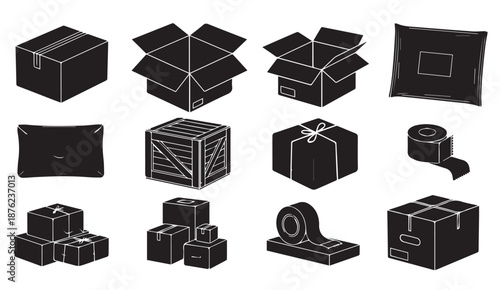 Collection of various black and white illustrations of boxes and packaging materials