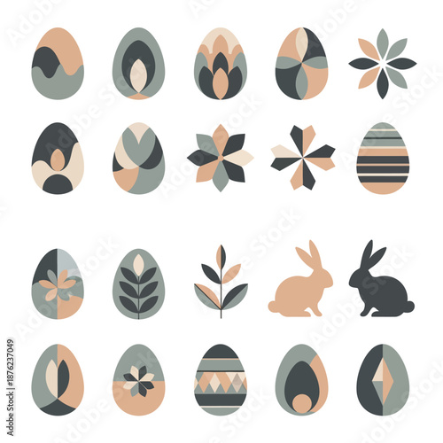 A collection of decorative Easter eggs and rabbits in various geometric patterns and muted colors