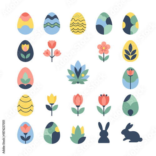 A collection of illustrated Easter eggs and flowers arranged in a grid pattern on a white background