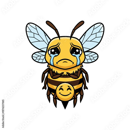Sad bee with crying face and smiley emoticon on belly