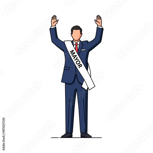 Confident mayor in blue suit with hands raised in greeting