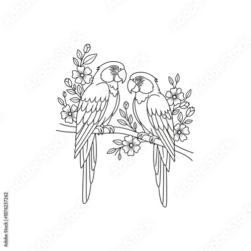 Two parrots sitting on a branch with flowers around them