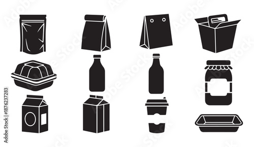 Vector icons of various food and drink packaging, including bags, bottles, and containers.
