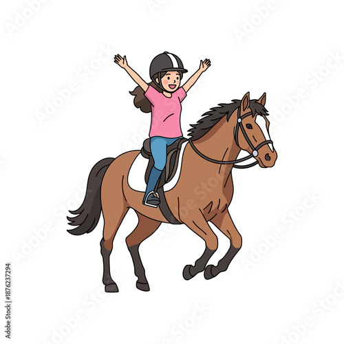 Young girl riding horse with arms raised in joyful freedom outdoors