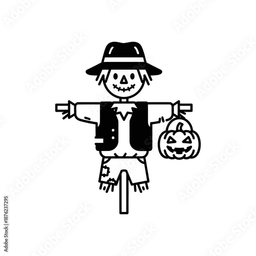 Friendly scarecrow holding jack-o-lantern on Halloween