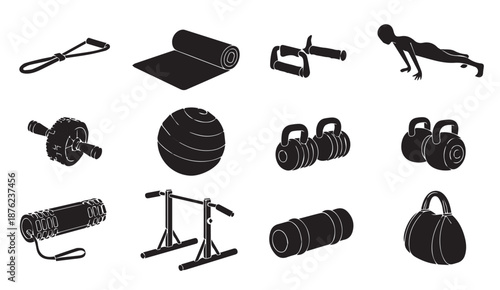 Black vector icons of various fitness equipment and accessories for exercise and workout routines
