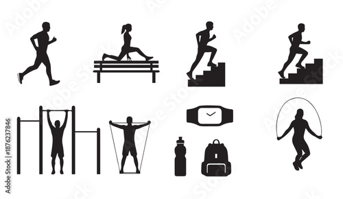 Black silhouettes of people engaging in various fitness activities and exercises