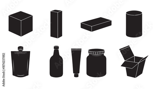 Collection of black vector icons of various product packaging shapes and containers
