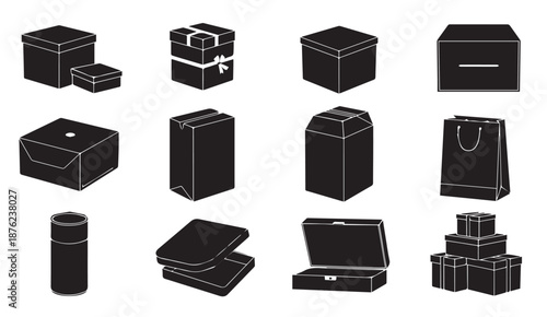 Collection of various black and white illustrations of boxes and packaging materials