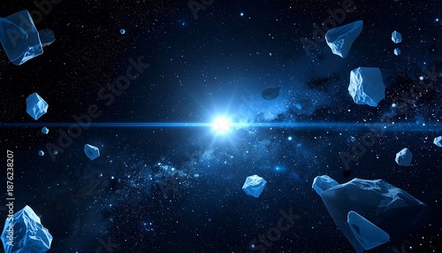 A bright light shines in a starry space with floating objects