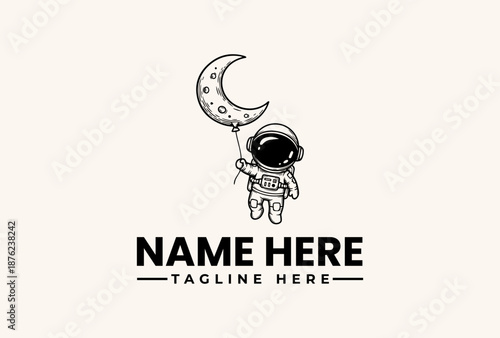 A minimalist vector illustration of an astronaut standing under a crescent moon with stars, accompanied by a customizable logo placeholder with a tagline, on a clean white background.