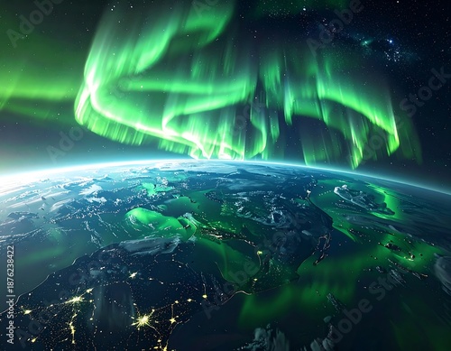A breathtaking view of the Earth from space with the Northern Lights illuminating the night sky