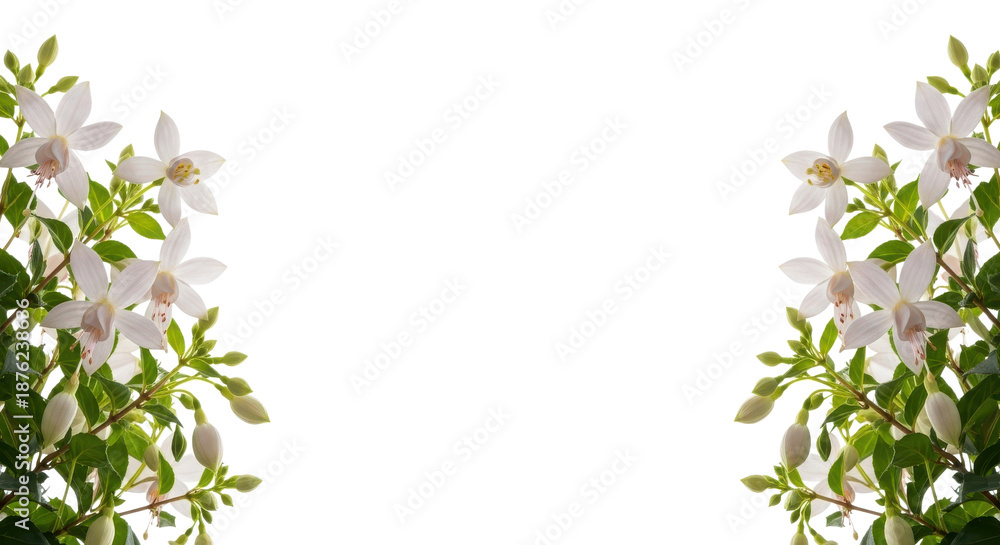 Fototapeta premium 白い花と緑の葉のシンプルなフレームデザイン