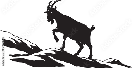 Goat standing on mountain peak in black silhouette style