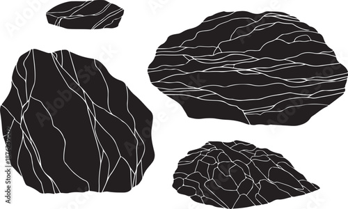 Black rocks with white lines on a white background
