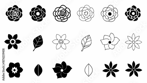 Black and white floral icons set with flowers and leaves