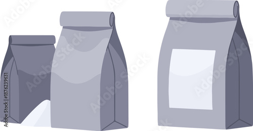 Two gray paper bags, one small and one medium, stand next to each other, and a larger bag with a white label sits alone