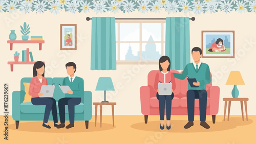 Two pairs of people in a cozy living room, working on laptops and discussing