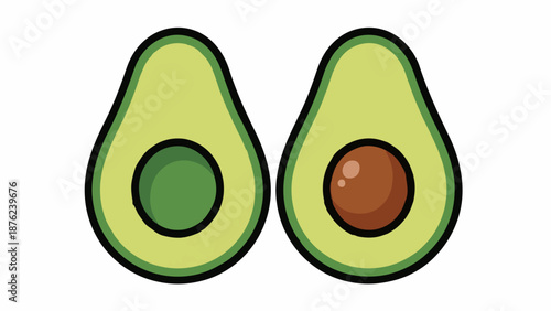Two halves of an avocado, one with a seed, displayed side by side