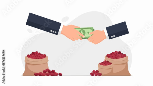 Two hands exchange cash for sacks of red beans