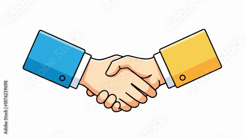 Two hands clasped in a firm handshake, one in blue, the other in yellow