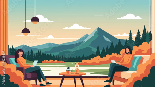 Two people and a dog relax inside with laptops, overlooking a scenic mountain landscape