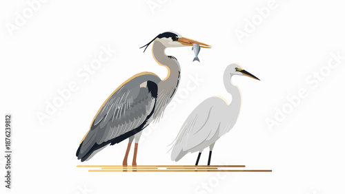 Two herons, one with a fish in its beak, stand on a golden perch