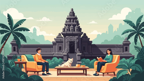 Two people and a dog relax near ancient temple ruins with palm trees