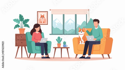 Two people and a dog work on laptops at home with a mountain view