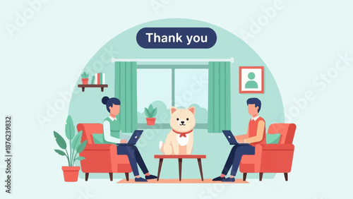 Two people and a dog working remotely from home