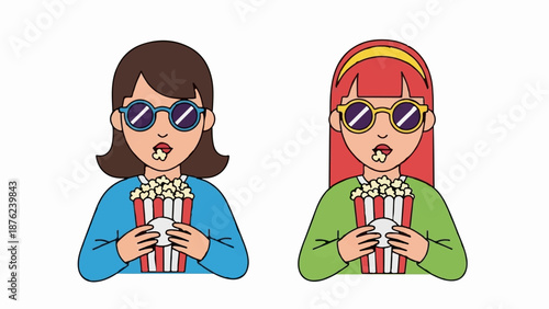 Two cartoon girls wearing glasses and holding popcorn