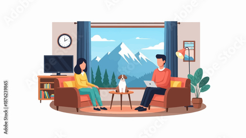 Two people and dog in a living room with a mountain view