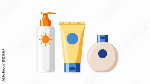 Three suncare bottles with orange and blue accents, one with a sun icon