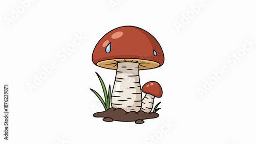 Two cartoon mushrooms with brown caps and white striped stems emerge from soil