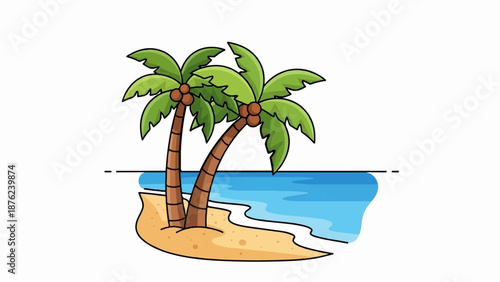 Two cartoon palm trees stand on a sandy shore next to blue water