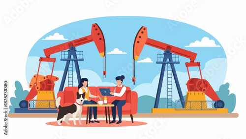 Two people and dog relax near oil pumps on a sunny day