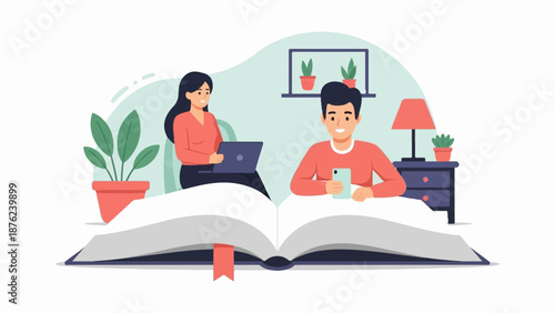 Two people are engrossed in their devices, a woman on a laptop and a man on a smartphone, next to an open book