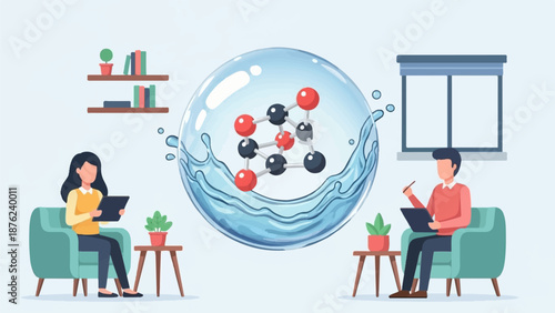 Two individuals in comfortable chairs examine a molecule model in a water bubble