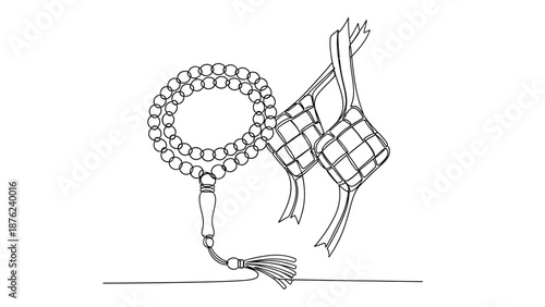 minimalist one line of prayer beads and ketupat in white background