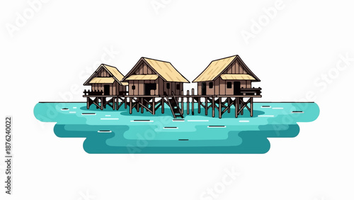 Three wooden stilt houses stand over turquoise water with a choppy surface